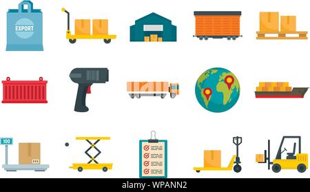 Goods export icons set. Flat set of goods export vector icons for web design Stock Vector