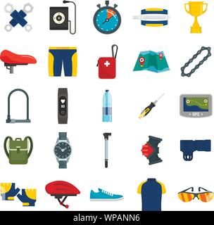 Cycling equipment icons set. Flat set of cycling equipment vector icons for web design Stock Vector