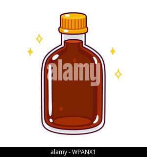 Cartoon bottle of syrup, sauce or liquor drawing. Dark liquid in glass bottle in cute hand drawn doodle style. Isolated vector illustration. Stock Vector