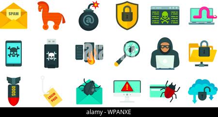 Cyber attack icons set. Flat set of cyber attack vector icons for web design Stock Vector