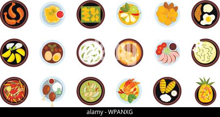 Thai food icons set. Flat set of thai food vector icons for web design Stock Vector