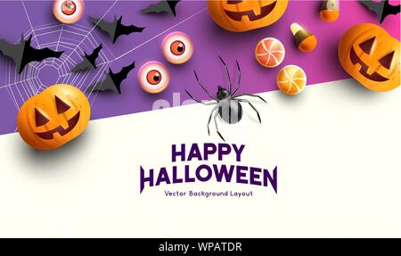 Happy halloween celebration background with Jack O Lantern pumpkins and spooky decorations. Vector illustration Stock Vector