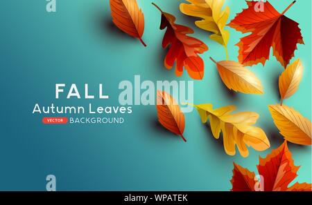 Red and golden coloured Autumn leaves on a blue background. Vector illustration. Stock Vector
