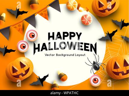 A set of halloween themed party decorations. Top down view with room for copy. Vector illustration Stock Vector