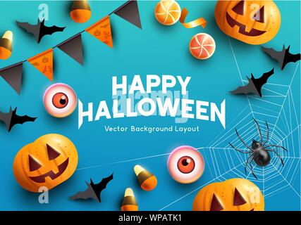 Halloween celebrations with pumpkins, bats and spooky decorations. Vector illustration. Stock Vector