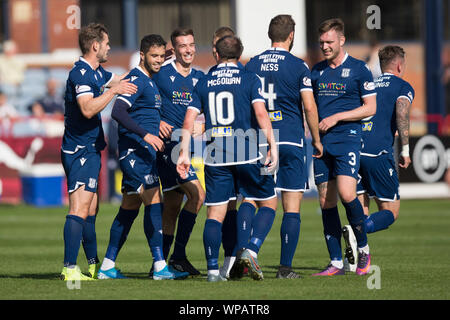 Dundee, Scotland, UK. 8th September 2019; Dens Park, Dundee, Scotland; Scottish Challenge Cup, Dundee Football Club versus Elgin City; Cammy Kerr of Dundee is congratulated after scoring for 1-0 in the 18th minute - Editorial Use Only. Credit: Action Plus Sports Images/Alamy Live News Stock Photo
