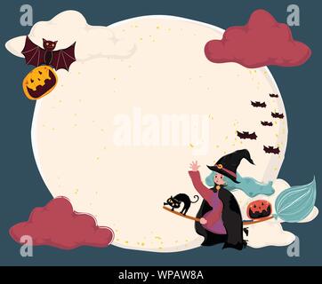 cute flat vector a witch ride a magic bloom, flying over the full moon with cat and bat, copy space for text, note, banner, background printable Stock Vector