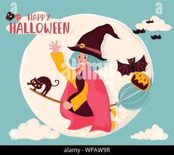 cute flat vector a witch ride a magic bloom, flying over the full moon with cat and bat, idea for banner, background printable Stock Vector