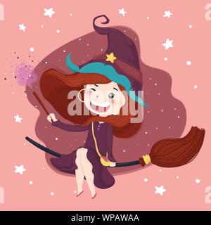 cute witch with a magic stick halloween background in purple dress ride a bloom, flat vector character Stock Vector