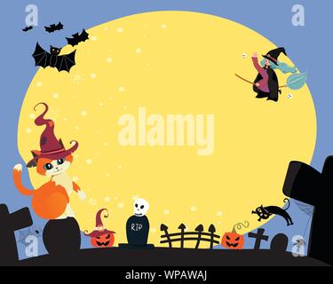 cute flat vector happy halloween a witch ride a magic bloom, flying over the full moon with cat and bat, copy space for text, note, banner, background Stock Vector