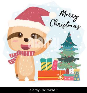Cute happy smilling sloth flat vector with gift boxes and christmas tree in Santa hat, merry christmas Stock Vector