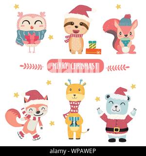 Cute happy pastel animal in Merry Christmas theme collection flat vector Stock Vector