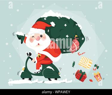 Santa clause ride scooter delivery present boxes  christmas cute flat vector Stock Vector