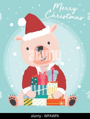 happy cute brown bear wear Santa Claus outfit holding present gift boxes with snow falling in background, idea for card, banner, wallpaper or printabl Stock Vector