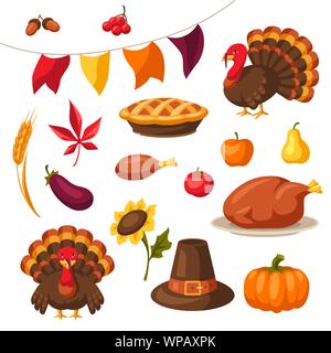 Set of Happy Thanksgiving Day objects and icons. Stock Vector
