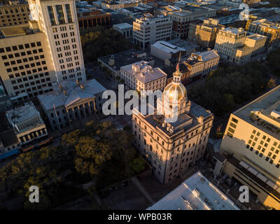 Aerial top down view of city hall in Savannah, Georgia, USA. Stock Photo