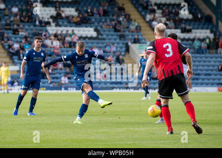 Dundee, Scotland, UK. 8th September 2019; Dens Park, Dundee, Scotland; Scottish Challenge Cup, Dundee Football Club versus Elgin City; Andrew Nelson of Dundee fires in a shot - Editorial Use Only. Credit: Action Plus Sports Images/Alamy Live News Stock Photo