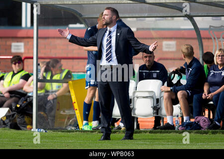 Dundee, Scotland, UK. 8th September 2019; Dens Park, Dundee, Scotland; Scottish Challenge Cup, Dundee Football Club versus Elgin City; Dundee manager James McPake shows his frustration - Editorial Use Only. Credit: Action Plus Sports Images/Alamy Live News Stock Photo