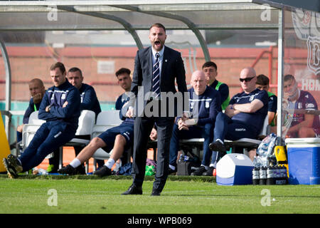 Dundee, Scotland, UK. 8th September 2019; Dens Park, Dundee, Scotland; Scottish Challenge Cup, Dundee Football Club versus Elgin City; Dundee manager James McPake screams instructions - Editorial Use Only. Credit: Action Plus Sports Images/Alamy Live News Stock Photo