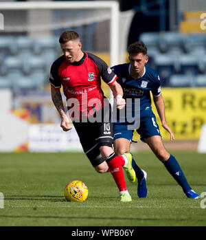 Dundee, Scotland, UK. 8th September 2019; Dens Park, Dundee, Scotland; Scottish Challenge Cup, Dundee Football Club versus Elgin City; Shane Sutherland of Elgin City and Shaun Byrne of Dundee - Editorial Use Only. Credit: Action Plus Sports Images/Alamy Live News Stock Photo