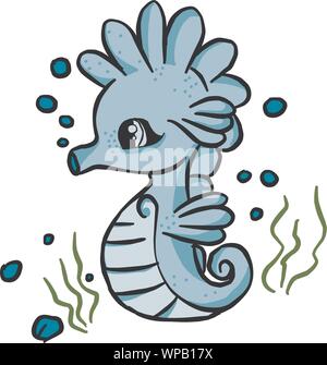 Cute cartoon Sea horse isolated. Seahorse and algae on a white background, vector illustration. Stock Vector