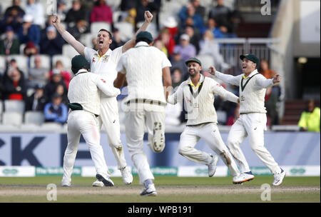 Australia's Josh Hazlewood celebrates the wicket of England's Craig Overton and retaining the ashes during day five of the fourth Ashes Test at Emirates Old Trafford, Manchester. Stock Photo