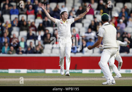 Australia's Josh Hazlewood celebrates the wicket of England's Craig Overton and retaining the ashes during day five of the fourth Ashes Test at Emirates Old Trafford, Manchester. Stock Photo