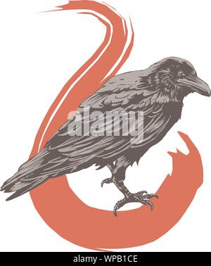 Black raven bird, hand-drawing. Vector illustration. Stock Vector