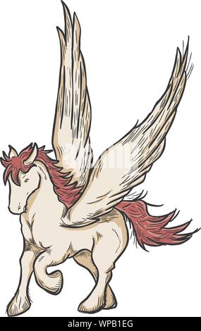 Vector flying pegasus. Magic winged horse. Vector hand drawn illustration. Stock Vector