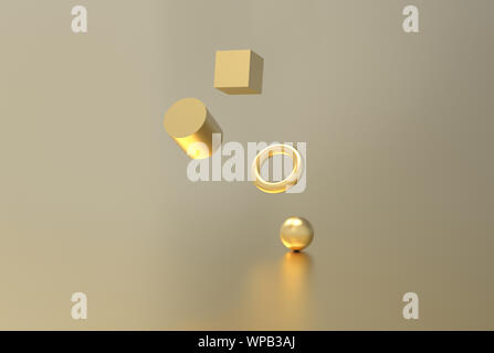 Gold geometric shape form floating 3d rendering Stock Photo