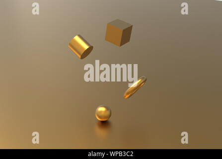 Gold geometric shape form floating 3d rendering Stock Photo