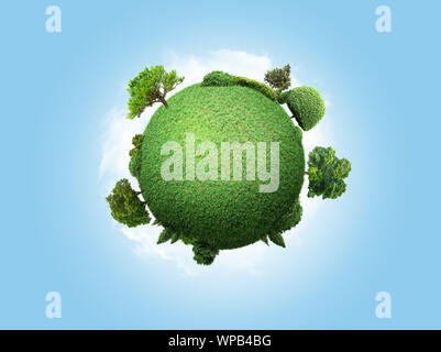 concept miniature globe showing the environment with trees and grass on sky background Stock Photo