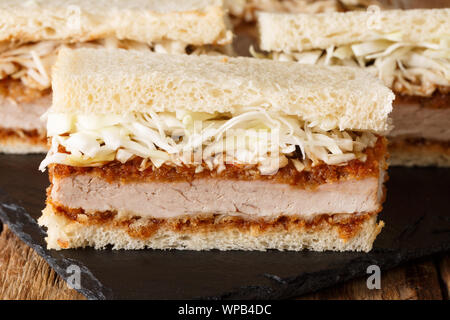 Tasty traditional japanese katsu sando sandwiches with tonkatsu sauce and cabbage close-up on a slate board on the table. horizontal Stock Photo