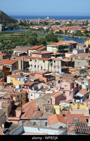 panoramic view of the beautiful city of Bosa on the Sardinian coast, crossed by the navigable river Temo Stock Photo