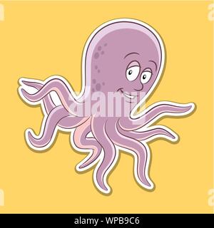 Vector Illustration of Sticker of Octopus Cartoon on a Yellow Background Stock Vector