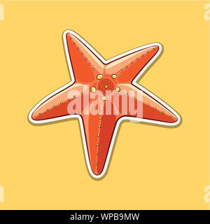 Vector Illustration of Sticker of Orange Starfish Cartoon on a Yellow Background Stock Vector
