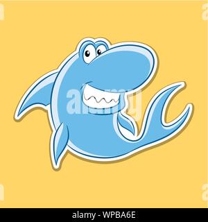 Vector Illustration of Sticker of Shark Cartoon on a Yellow Background Stock Vector