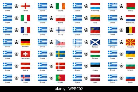 Set of banners to illustrate the sporting rivalry between Greece and European countries. Vector waving flags isolated on white background. Stock Vector