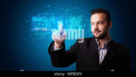 Man accessing modern hologram personal database with fingerprint identification Stock Photo