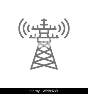 5G internet tower, telecommunications tower, satellite antenna line icon. Stock Vector