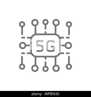 5G internet technology, wireless chip line icon. Stock Vector
