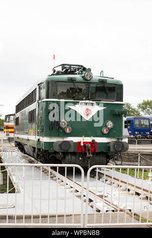 Outdoor displays of trains at the Railway Panorama exhibit at the Cité du Train museum in Mulhouse, France. Stock Photo