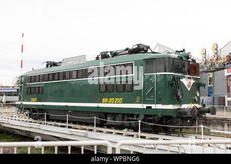 Outdoor displays of trains at the Railway Panorama exhibit at the Cité du Train museum in Mulhouse, France. Stock Photo