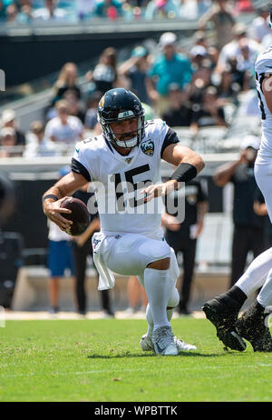 Jacksonville, FL, USA. 8th Sep, 2019. Jacksonville Jaguar quarterback  Gardner Minshew II during 2nd half NFL football game between the Kansas  City Chiefs and the Jacksonville Jaguars at TIAA Bank Field in