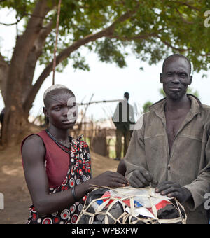 JUBA, SOUTH SUDAN-JUNE 22, 2012: Portrait of unidentified Mundari tribespeople north of Juba, South Sudan, in this illustrative editorial. Stock Photo