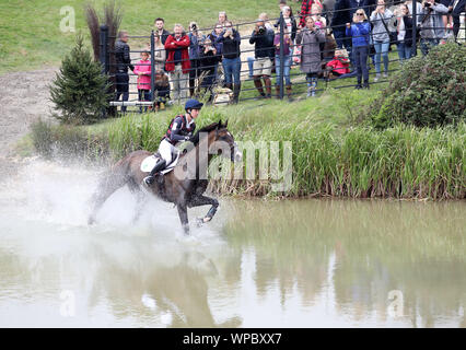 Ariel Grald riding Leamore Master Plan, on cross country day (day three) at The Land Rover Burghley Horse Trials, Stamford, Lincolnshire, on September 7, 2019. Stock Photo