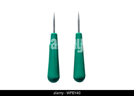 Two skewer used to pierce holes in the skin to allow sewing, used by a shoemaker, isolated on a white background with a clipping path. Stock Photo