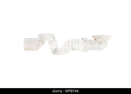 Old, dirty sink trap made of plastic, isolated on a white background with a clipping path. Stock Photo