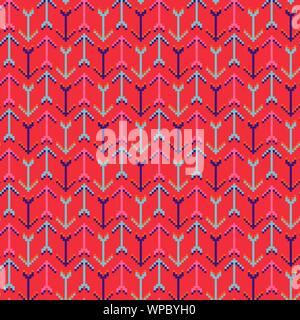 Arrows red geometric seamless pattern pixelart texture. Bright colors vector game background. Stock Vector