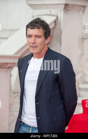 Seen arriving for the UK premiere of Pain & Glory, Somerset House, London. 08.08.19 Featuring: Antonio Banderas Where: London, United Kingdom When: 08 Aug 2019 Credit: WENN.com Stock Photo